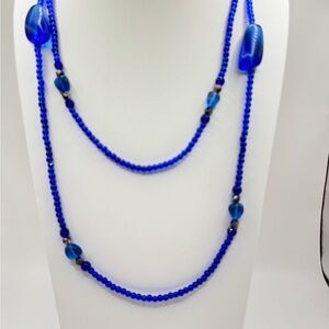 Long Vibrant Blue Glass Beaded Necklace